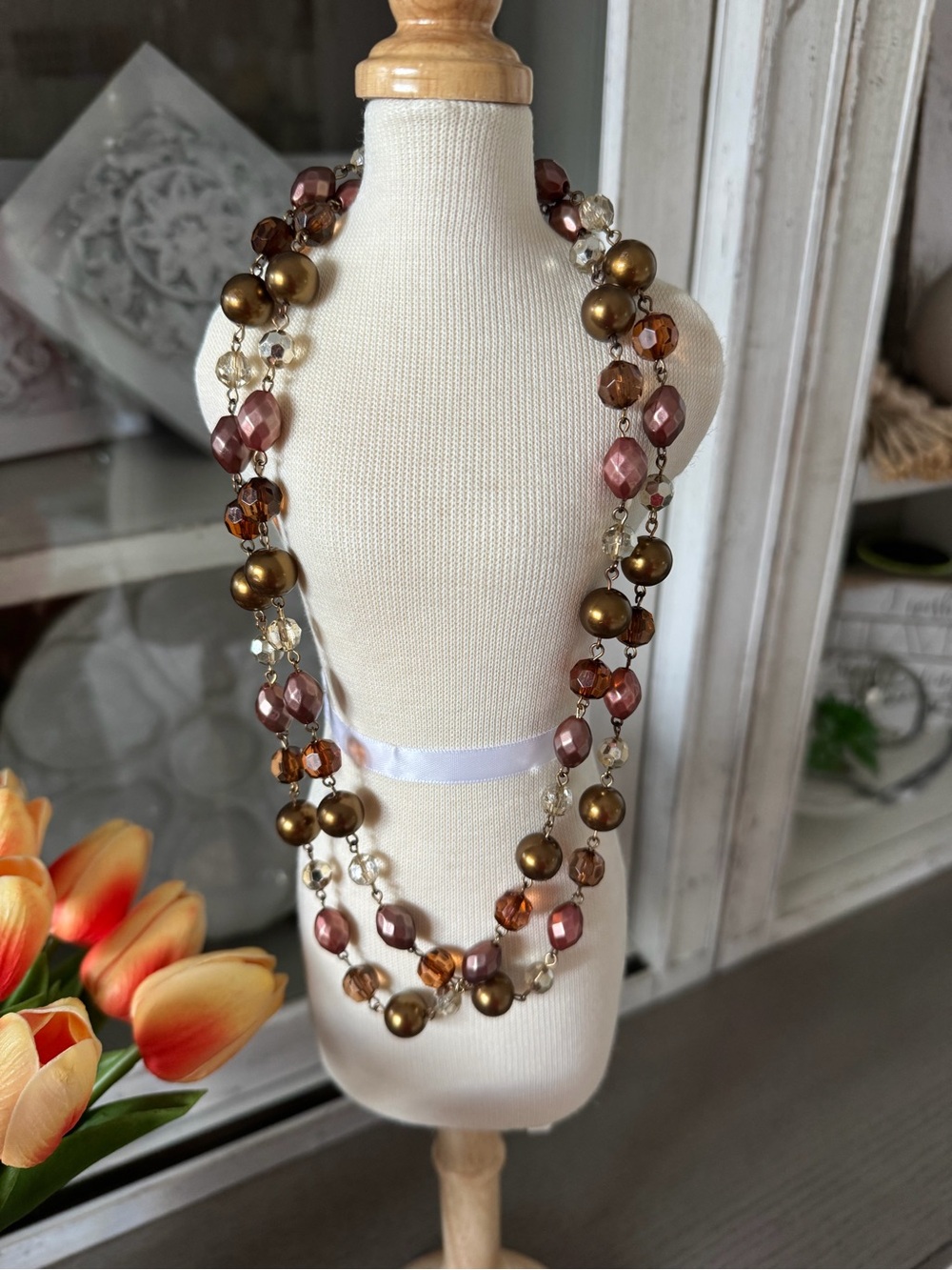 Double Strand Beaded Necklace in Bronze and Rose
